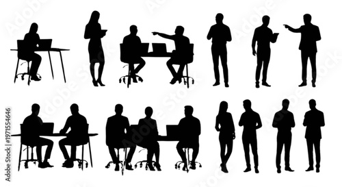 A group of people in various business poses and actions isolated on transparent background, Vector