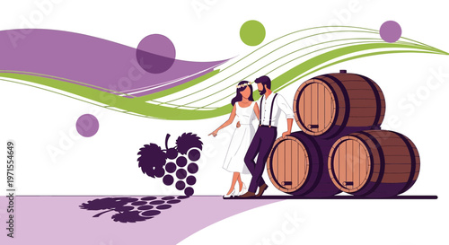 Wedding Couple & Wine Barrels - Love, Celebration, and Vineyard Romance