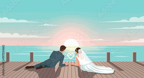 Wedding Couple Admiring Sunset Over Ocean, Romantic Heart Illustration