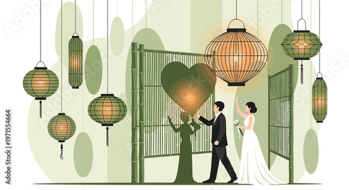 Wedding Couple Admiring Heart Decoration with Lanterns