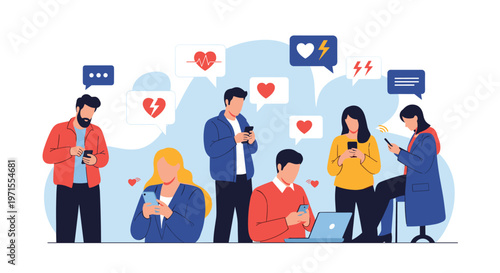 Group of diverse people using their smartphones while social media icons like hearts and lightning bolts float in bubbles above.