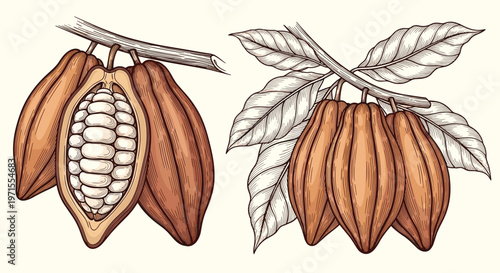 Detailed vintage style botanical drawing of cocoa beans inside an open pod alongside a branch with leaves and whole pods.