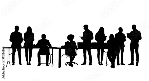 A group of businesspeople standing and sitting around a table isolated on transparent background, Vector