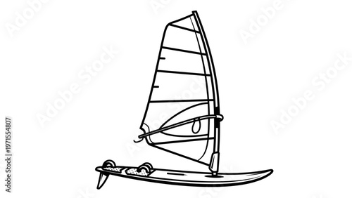Line drawing of a windsurfer on a board with a large sail, against a clean white background.