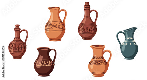 Set of different ceramic pitchers and jugs featuring traditional patterns and various shades of terracotta and blue.