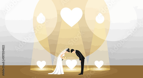 Wedding Couple Bowing Under Hearts and Spotlight, Symbolizing Love and Commitment