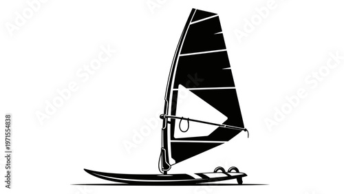 A black and white illustration of a windsurfer on calm water with a large sail against a plain white background.