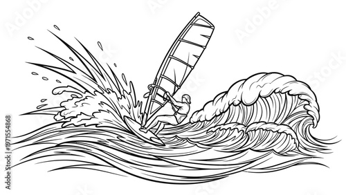 A windsurfer rides a large wave with a sail in a dynamic illustration with bold lines and splashing water against a plain white background.