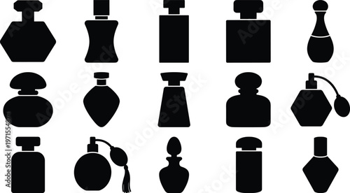Set of fifteen elegant black perfume bottle silhouettes with vintage atomizers and modern shapes isolated on white background for beauty fragrance and luxury cosmetic designs.