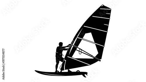 A silhouette of a man windsurfing on a board with a large sail against a plain white background.
