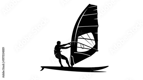 A black silhouette of a windsurfer riding a board with a large sail against a plain white background.