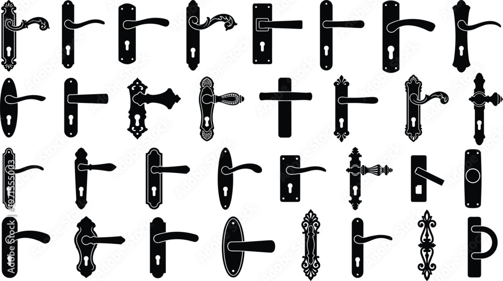 Fototapeta premium Large collection of black door handle silhouettes featuring vintage antique and modern lever styles with keyholes isolated on white background for architectural hardware design.