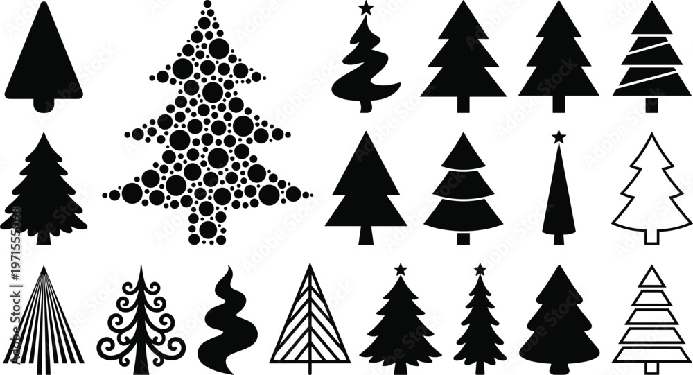 Obraz premium Comprehensive Vector Collection of Christmas Tree Silhouettes Featuring Various Fir Pine and Spruce Designs with Minimalist Geometric and Abstract Patterns for Holiday Graphic Projects.