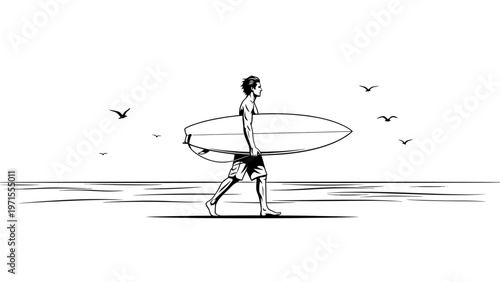 A man walks along the beach carrying a surfboard with seagulls flying overhead in a simple line drawing.