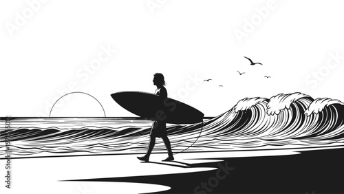 A surfer walks along the beach carrying a surfboard towards large waves at sunset with a flock of birds flying overhead.