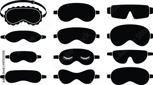 Comprehensive Vector Collection of Eye Sleep Mask Silhouettes Featuring Various Blindfold Designs for Better Sleep Relaxation Travel Wellness and Healthy Night Rest Graphic Design Projects.
