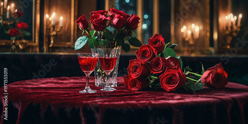 Romantic table setting with red roses in a vase and two glasses of red wine on a dark velvet tablecloth in a dimly lit interior