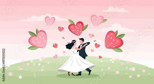 Wedding Couple Dancing Surrounded by Hearts and Flowers