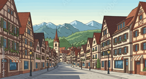 Beautiful perspective view of a traditional European village street lined with timber framed houses and mountains behind.