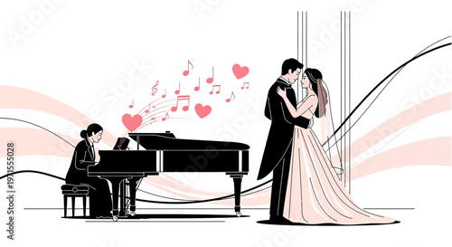 Wedding Couple Dancing to Live Piano Music with Hearts and Notes Illustration