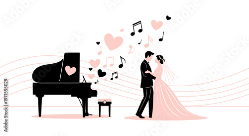 Wedding Couple Dancing to Music from Piano with Hearts and Notes
