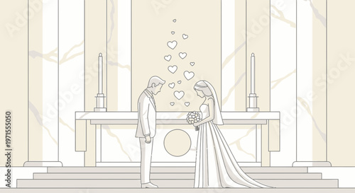 Wedding Ceremony: Bride and Groom Exchange Vows Before Altar with Hearts