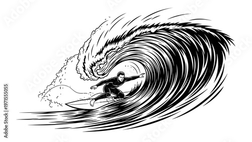 A surfer rides a large wave in a black and white illustration with dynamic lines and motion, conveying a sense of thrill and energy against a plain white background.