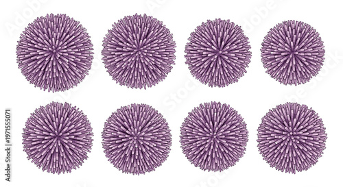 Set of eight spherical purple objects resembling pom-poms or sea urchins with a dense spikey texture on a white background.