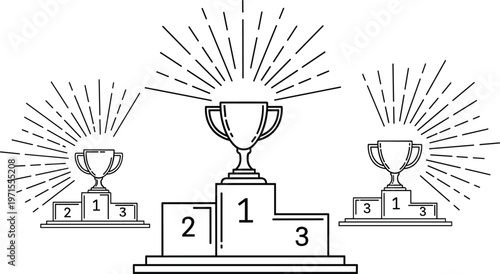 Winner podium with trophy icon set, first second third place ranking, competition success achievement concept, minimal outline vector illustration design