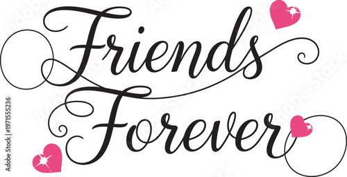 Foto Friendship Day Handwritten calligraphy of friends forever with pink hearts on wh