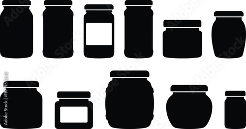 Large collection of black glass jar and bottle silhouettes in various shapes and sizes isolated on white background for food preservation and kitchen storage.