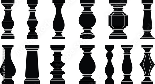 Collection of black architectural baluster silhouettes in various classical and modern styles isolated on white background for staircase, railing, balcony, and interior home design projects.
