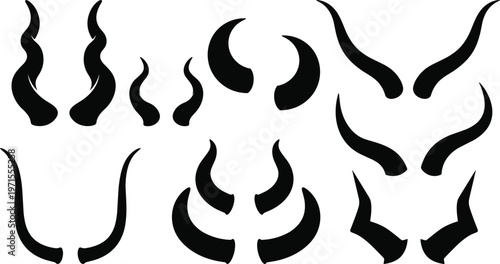 Set of black animal horn silhouettes in various shapes including devil, bull, goat, and antelope isolated on white background for fantasy, horror, and nature design.