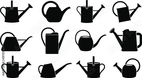 Large collection of black watering can silhouettes in various vintage and modern styles isolated on white background for garden, horticulture, and spring farming designs.