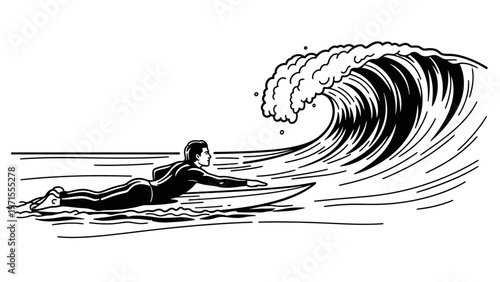 Monochromatic illustration of a surfer lying on a surfboard riding a large wave in a dynamic, artistic composition with bold lines and a white background.