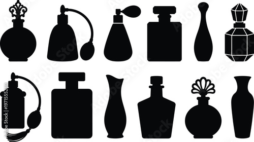 Collection of elegant black perfume bottle silhouettes in vintage and modern shapes with atomizers isolated on white background for beauty, fragrance, and cosmetic design projects.