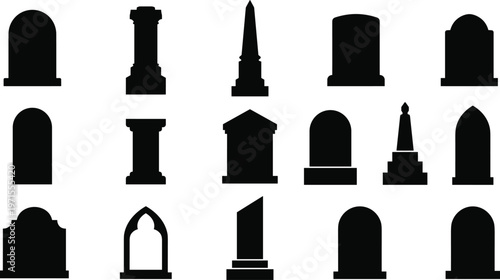 Set of Various Tombstone and Gravestone Silhouettes Featuring Different Shapes Like Obelisks and Arches Isolated on White Background for Cemetery and Halloween Graphic Design.