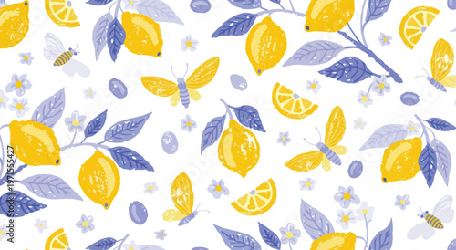 Watercolor lemon pattern bright citrus fruits and delicate leaves