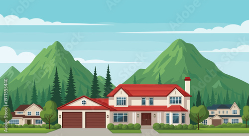 Majestic view of a luxury suburban house with a red roof situated in a peaceful valley with tall green mountains.