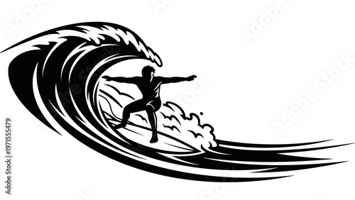 A black silhouette of a surfer riding a large wave with white highlights on a plain white background in a dynamic and sporty composition.