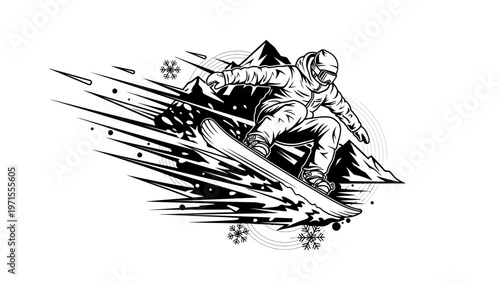 A black and white illustration of a snowboarder in motion against a mountainous background with snowflakes and dynamic lines.
