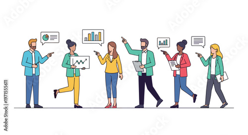 Diverse group of business professionals collaborate by presenting charts, discussing data, and pointing at information bubbles.