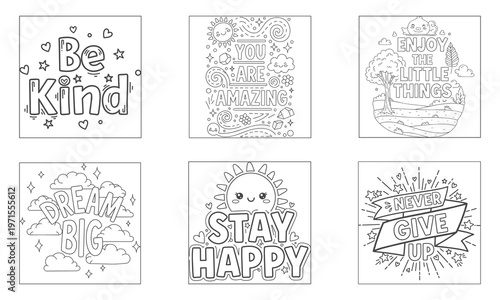 Inspirational Quotes Colouring Pages Set Cute Doodle Typography Line Art Vector
