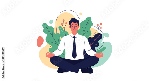 Calm businessman meditates in a lotus position against a backdrop of peaceful nature elements to manage stress.