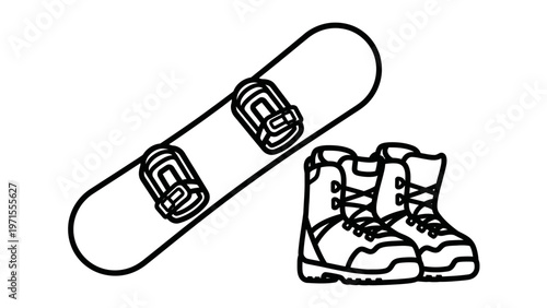 Line drawing of a snowboard and a pair of boots on a white background in a simple graphic style.