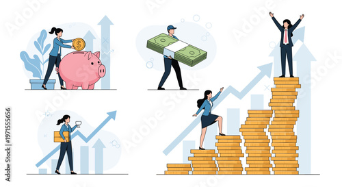 Business people illustrate financial concepts including saving in a piggy bank, climbing stacks of coins, and carrying money.