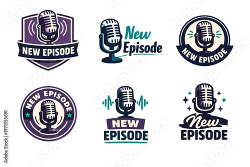 Vintage microphone logos with new episode text on colorful backgrounds