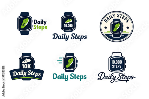 Digital step tracker logos with shoe icon and step count variations