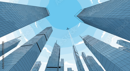 Low angle perspective looking up at towering skyscrapers into a blue sky with a small airplane flying between them.