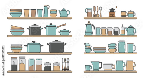 Neatly organized kitchen shelves stocked with diverse cooking pots, ceramic bowls, glass jars, and coffee mugs.